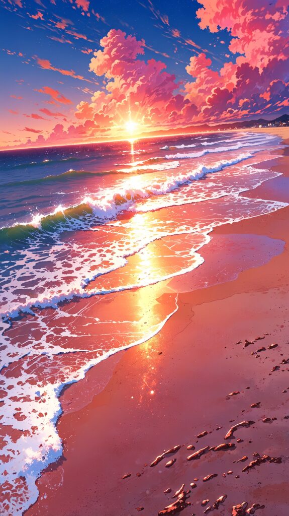 Live wallpaper: Pink sunset sky over a California beach with pink sand and pink ocean waves